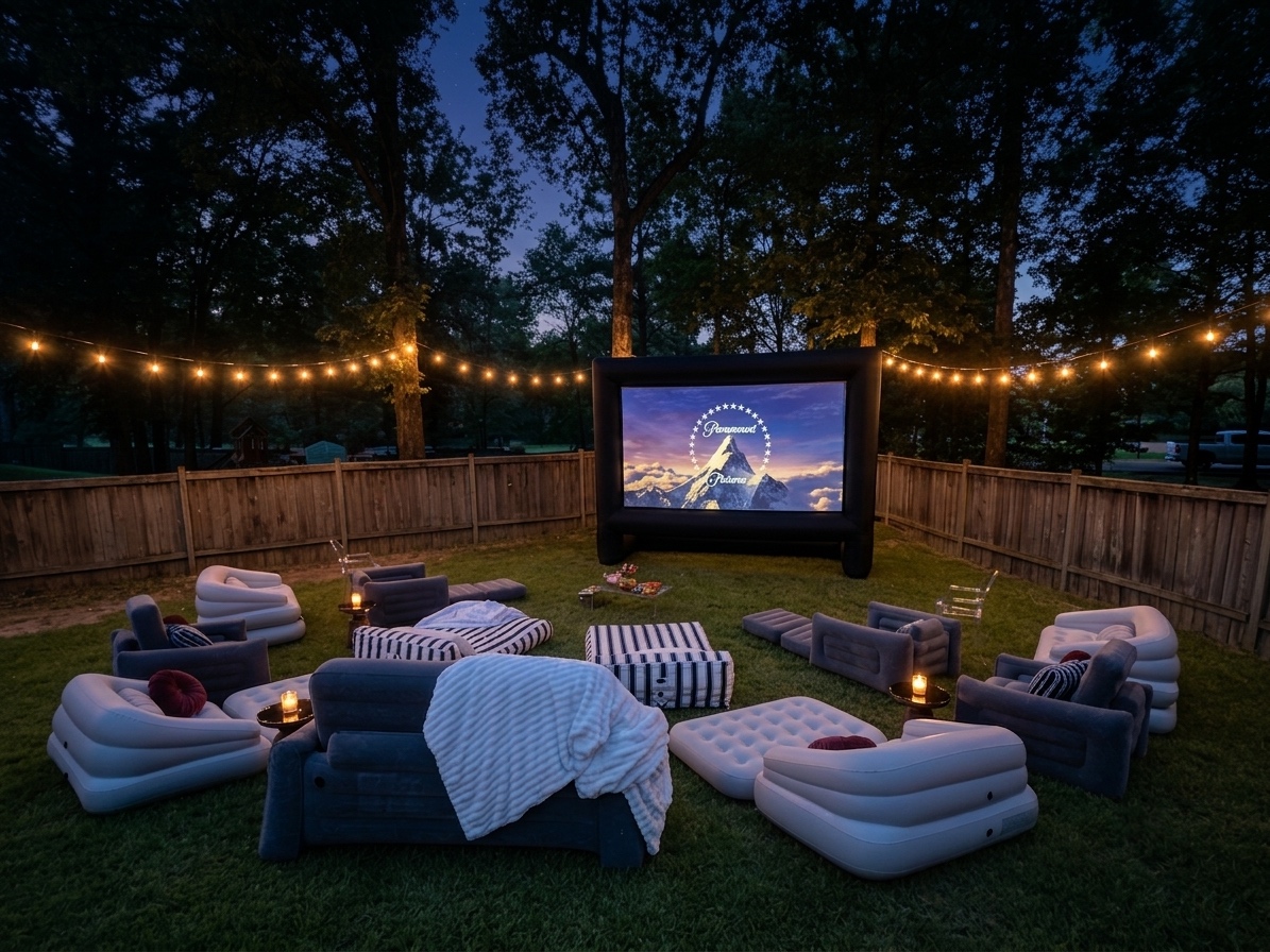 Backyard movie night at dusk with an inflatable screen, string lights, and plush inflatable lounge seating